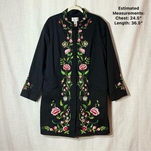 Victor Costa Floral Embroidered‎ Long Coat Black 2X Mandarin Collar